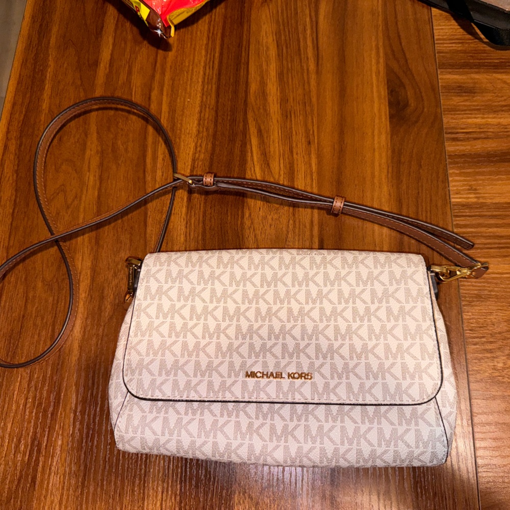 Michael Kors White and Brown Crossbody Bag with Signature MK Pattern